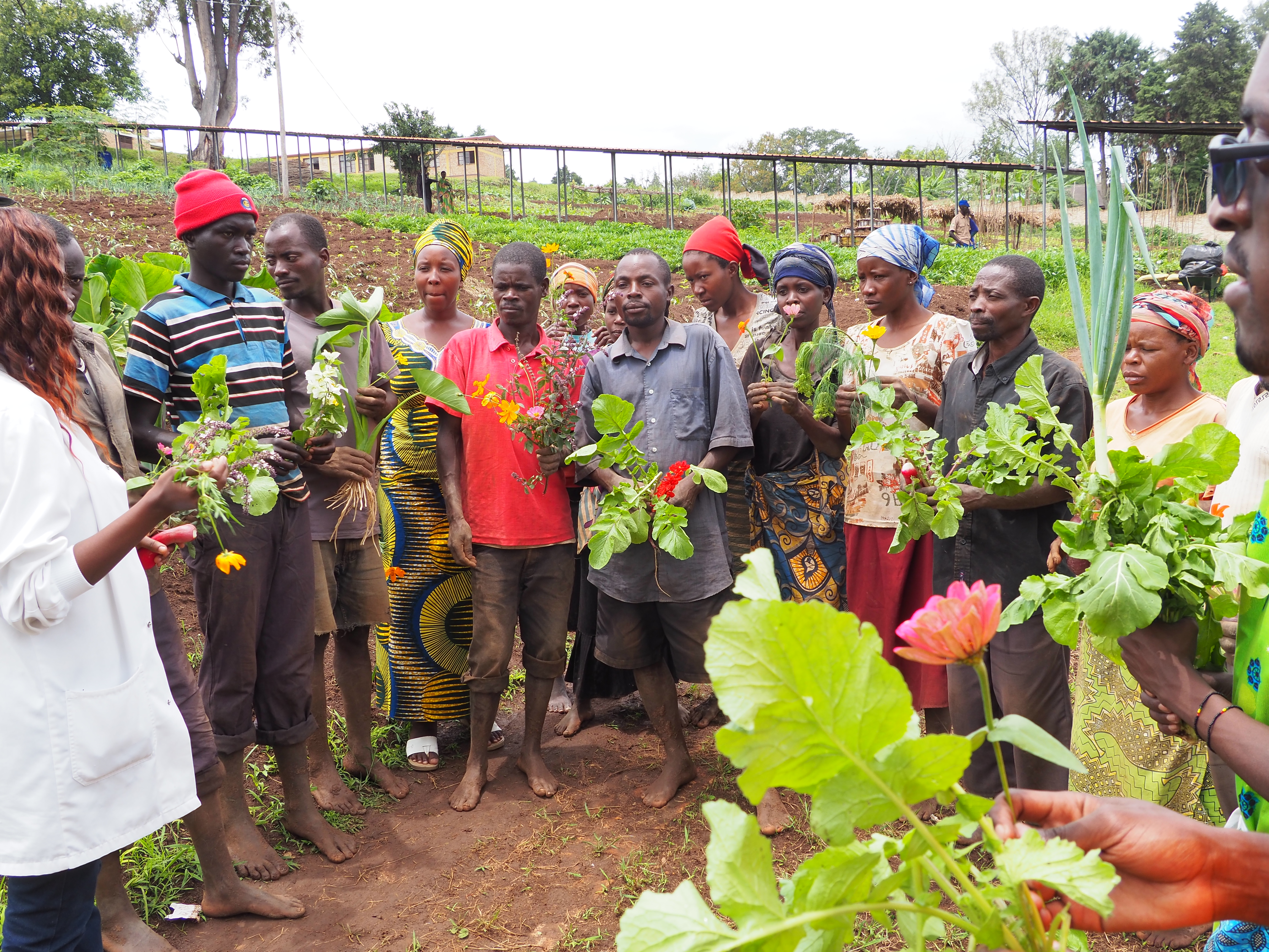 Rwandans holding greens from the garden and listening to training.