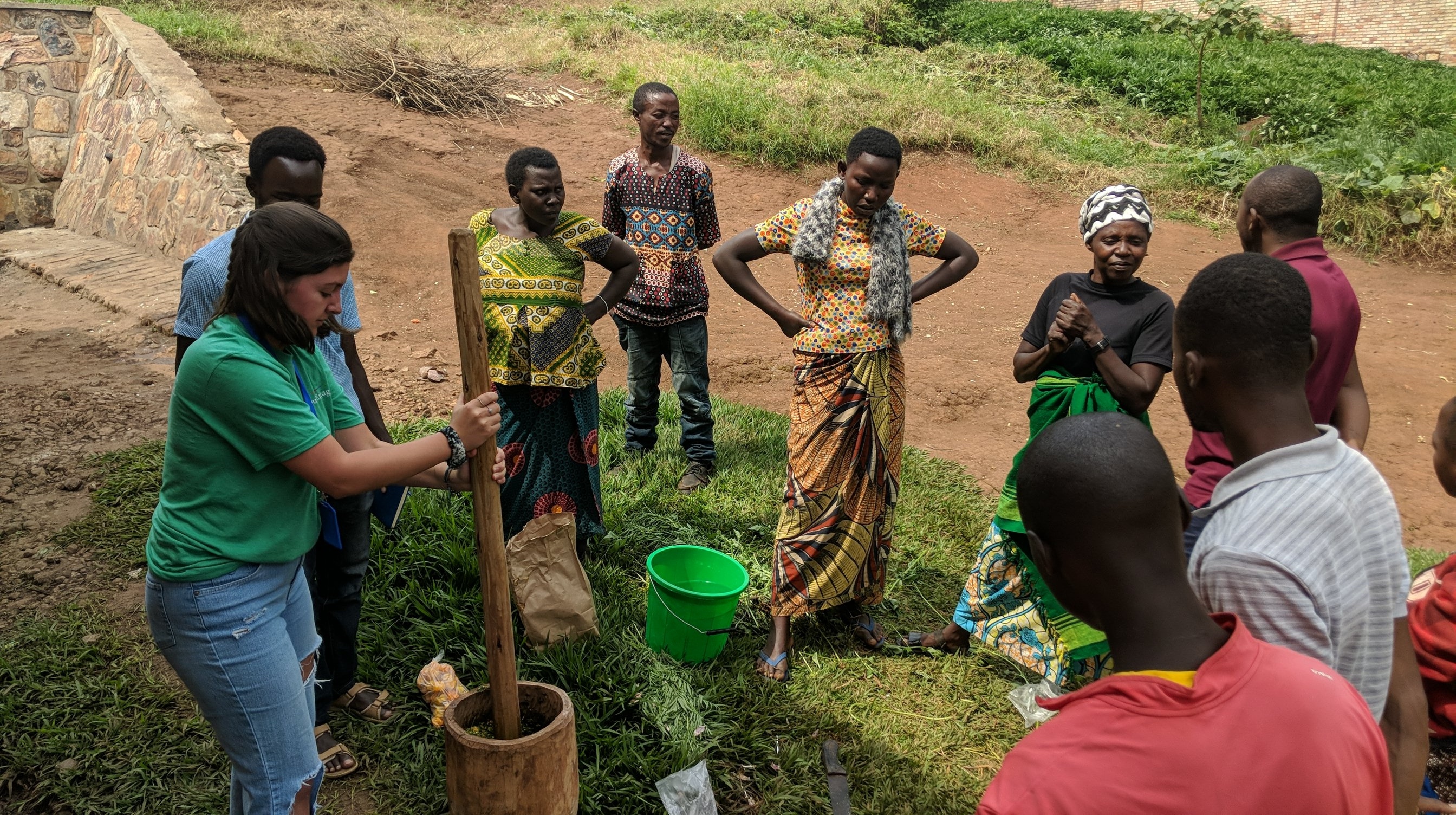 Rwandans watching a student grind organic pesitcide in a giant mortal and pestle. 
